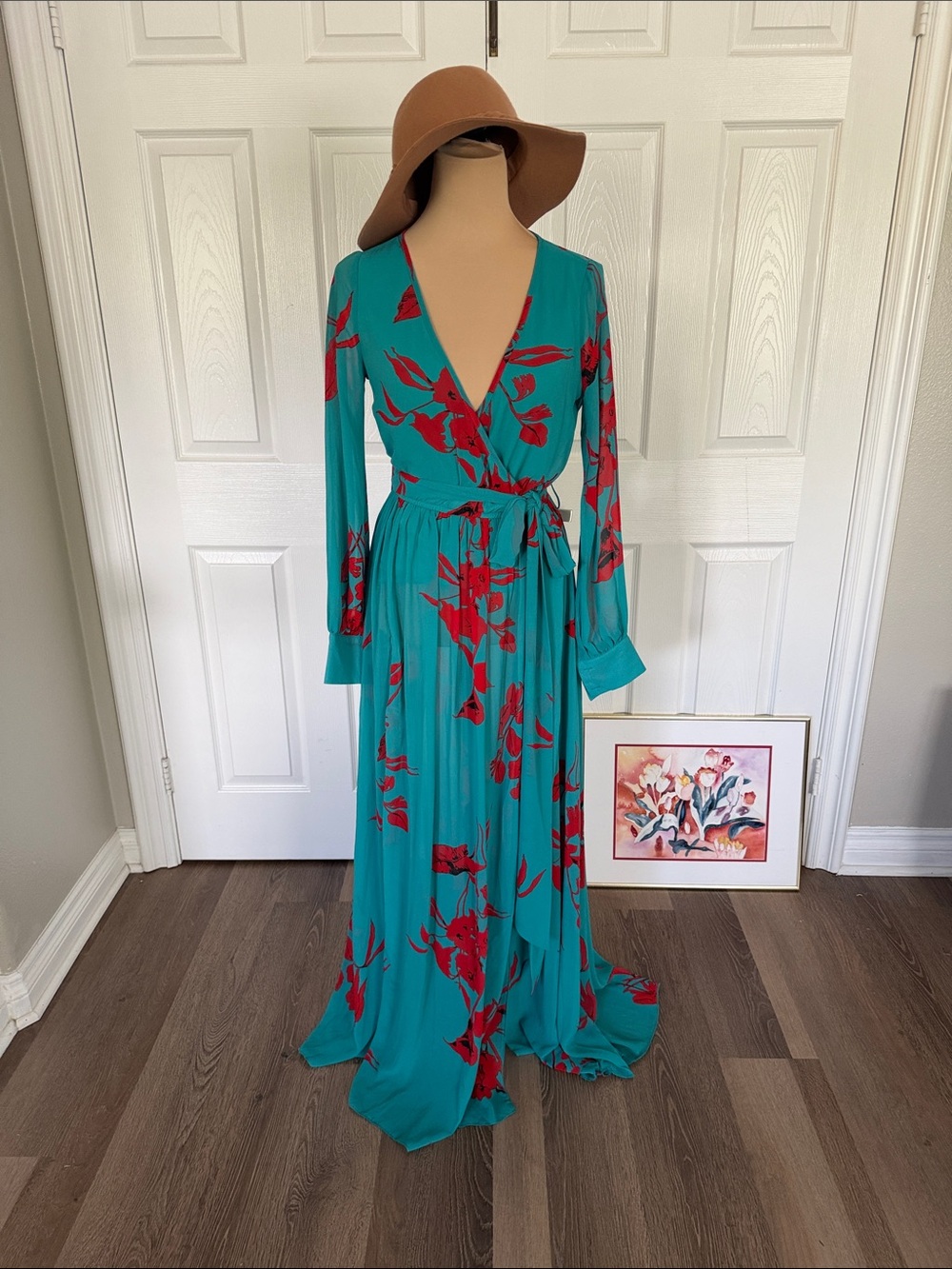 Teal Floral Wrap Maxi Dress with Tie Waist